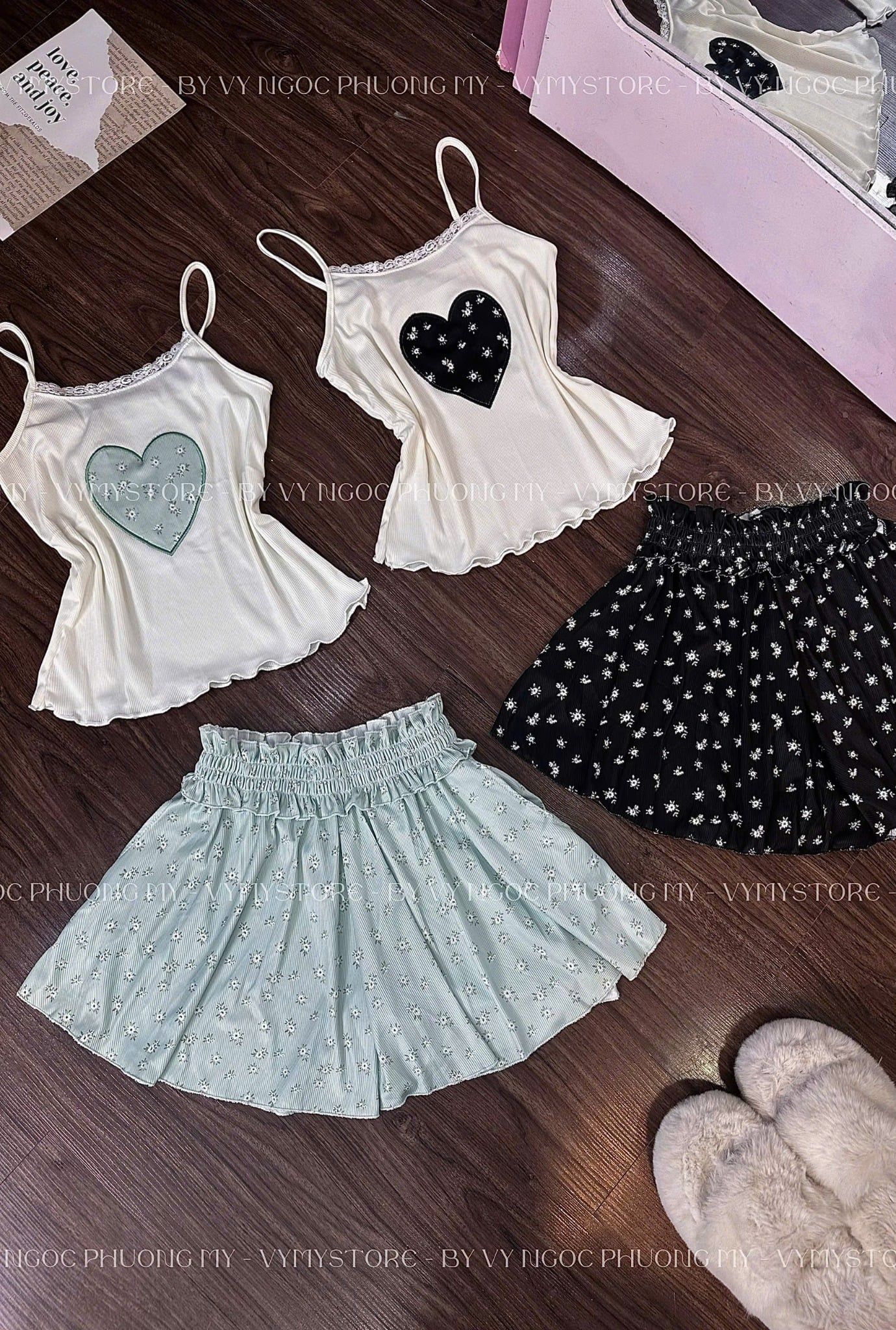  Set áo hai dây thêu tim nổi mix quần ống rộng cạp cao họa tiết - ĐEN - K193 
