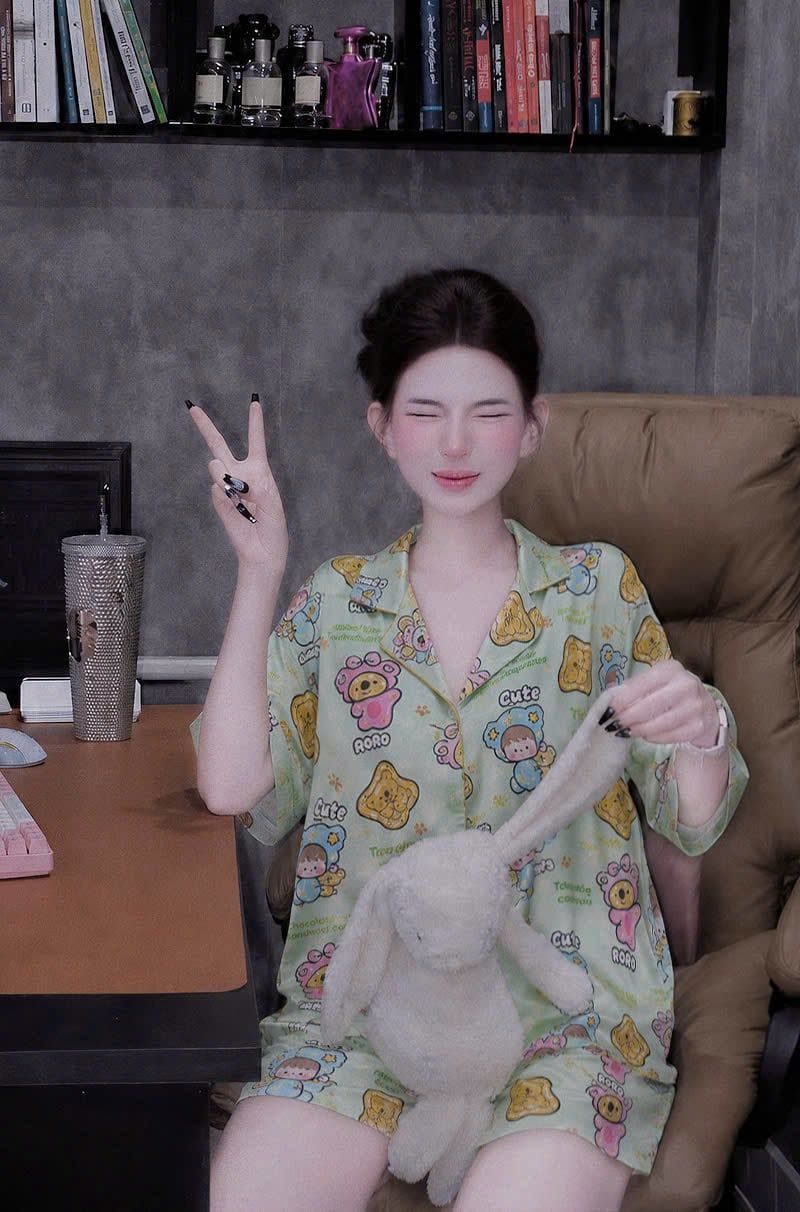  Set pijama áo tay lỡ mix quần ngắn họa tiết dễ thương - GẤU XANH - D6 