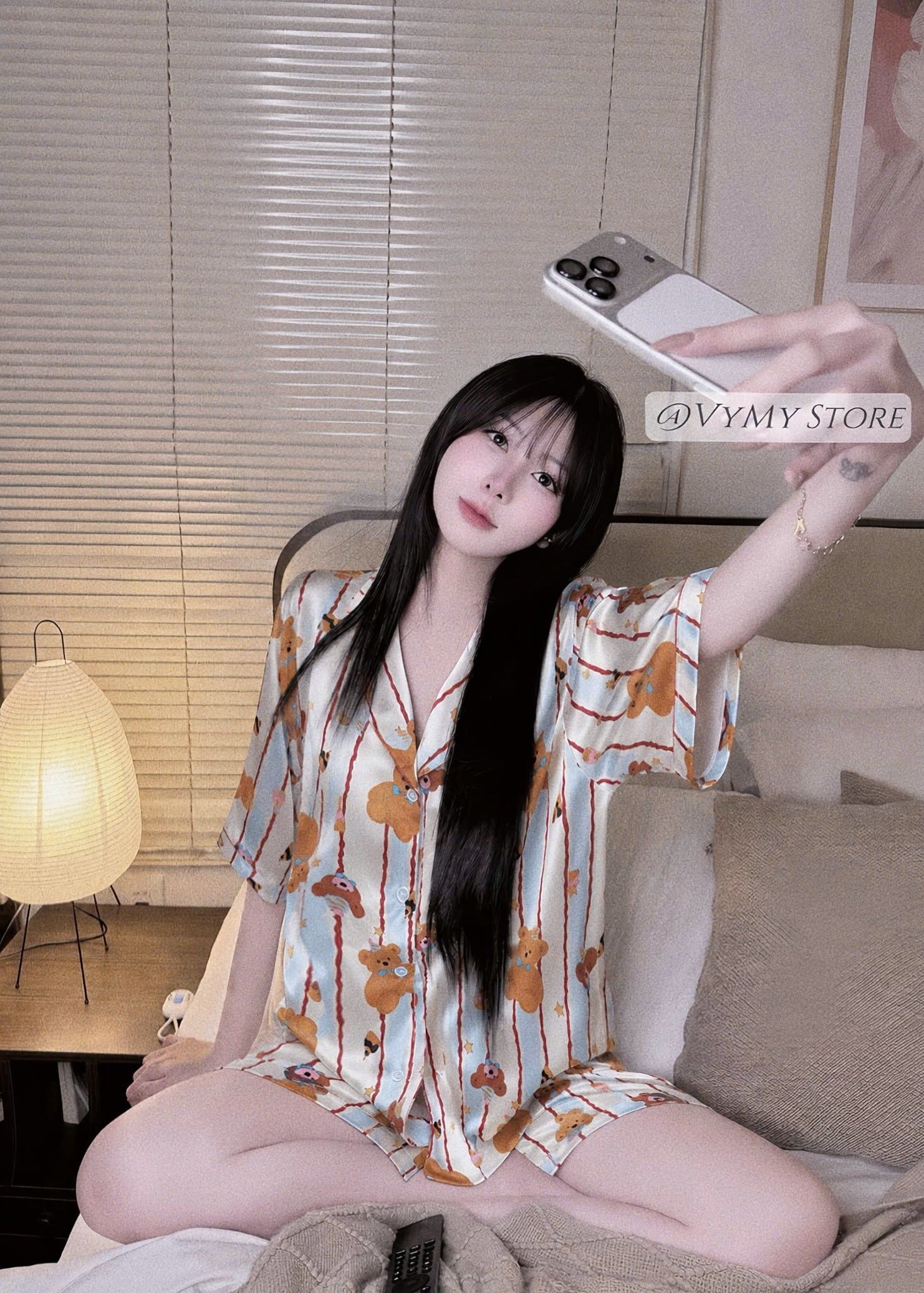  Set pijama áo tay lỡ mix quần ngắn họa tiết dễ thương - SỌC GẤU - D4 