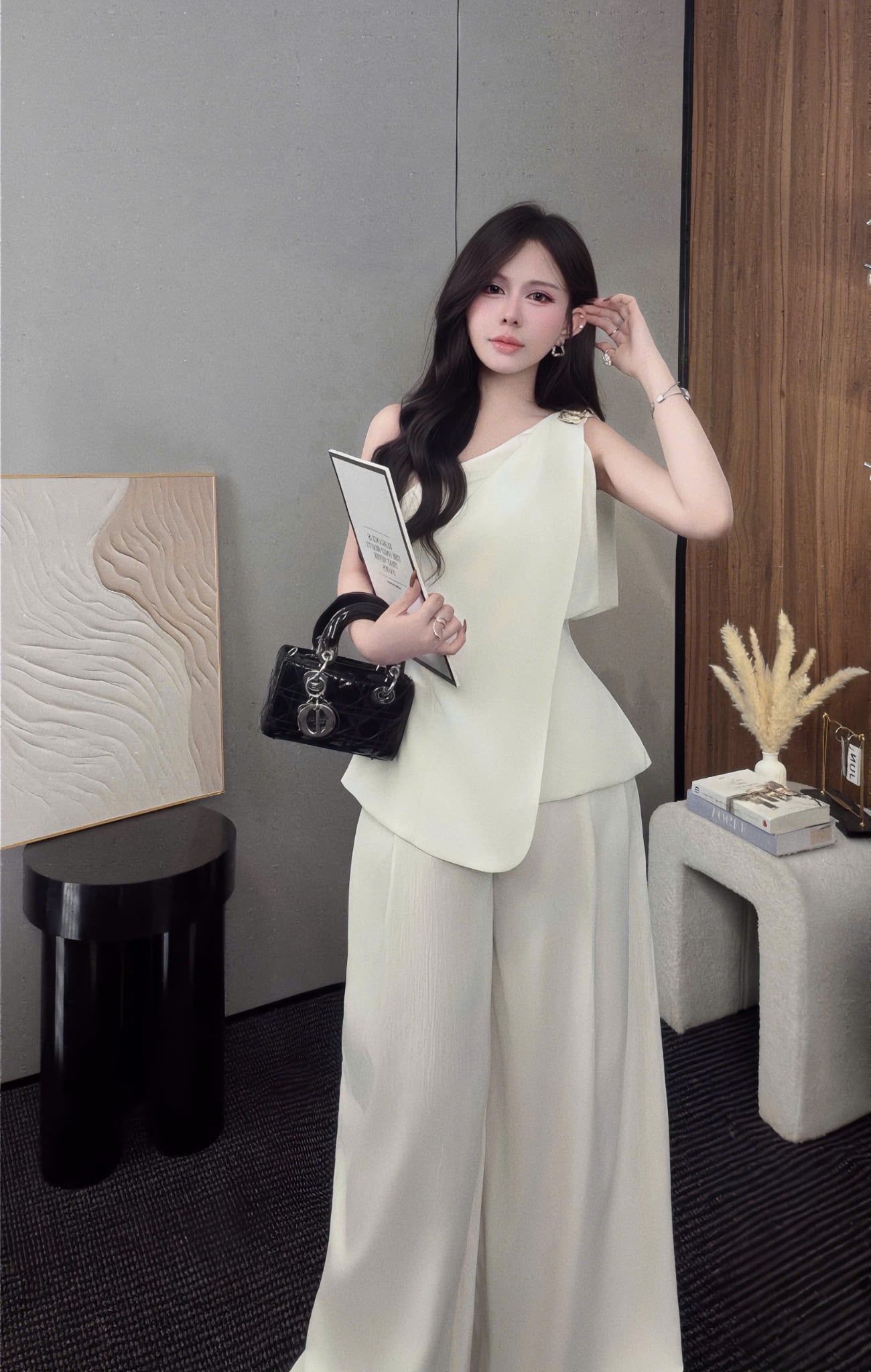  Set áo lệch vai chéo đính charm mix quần suông ống rộng - TRẮNG - Q87 (EO S<68, M<72) 