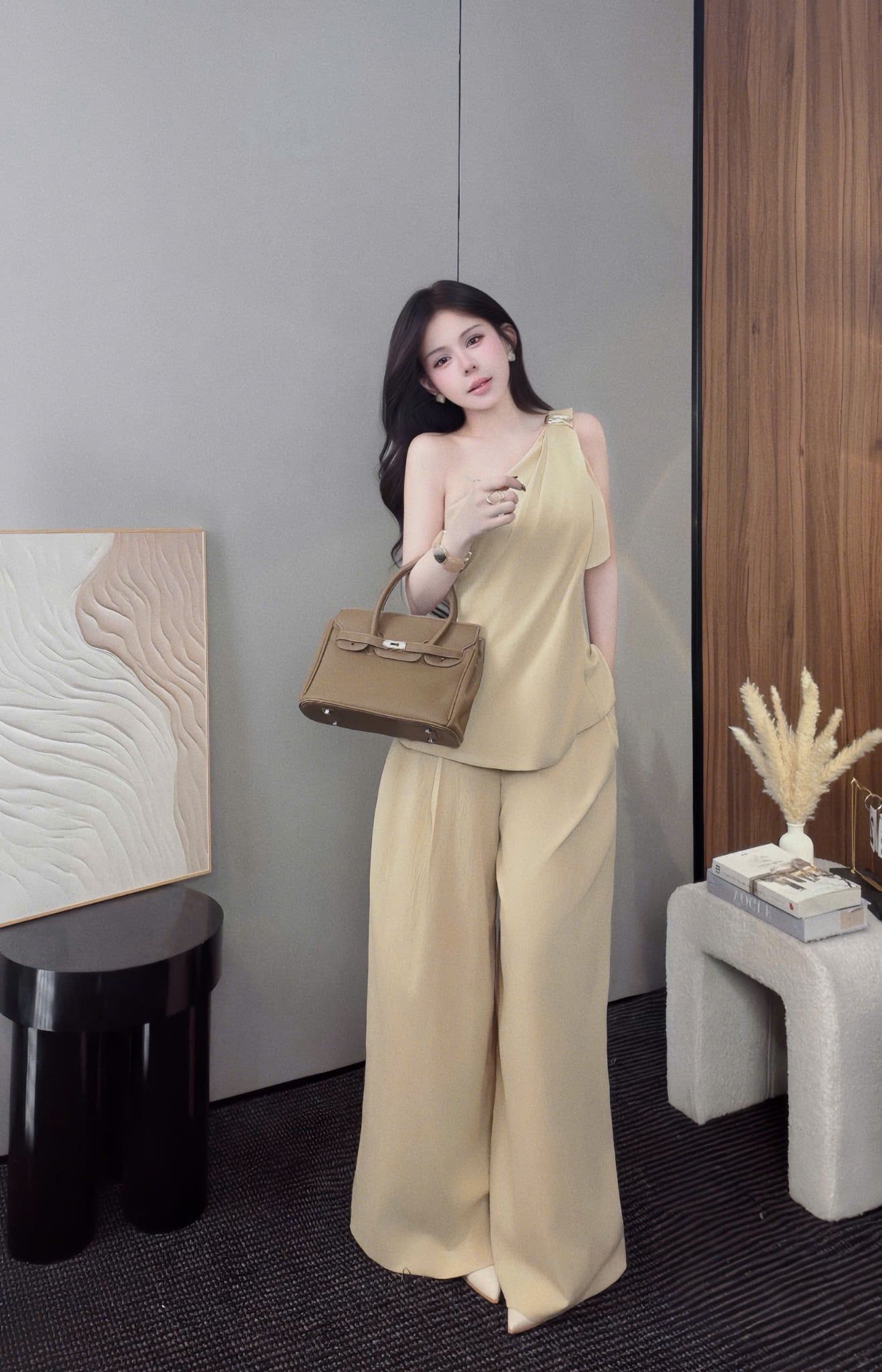  Set áo lệch vai chéo đính charm mix quần suông ống rộng - NU - Q86 (EO S<68, M<72) 