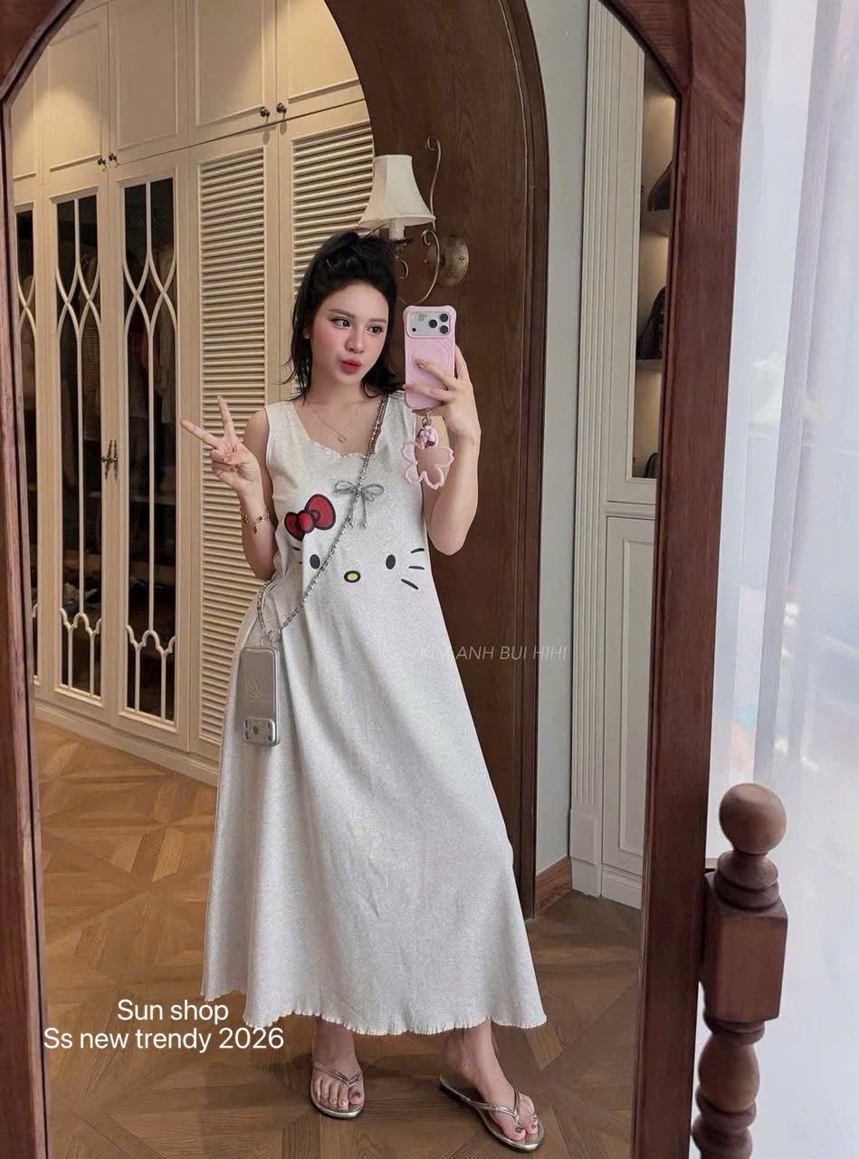  Váy suông dáng dài cổ u in hình Hello Kitty - Q93 