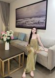  Set 2 món gấm áo 2 dây phối tầng đính cườm mix quần dài ống suông - Q72 