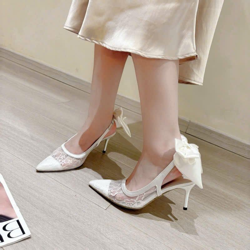  Giày cao gót mũi nhọn phối ren đính nơ quai hậu - TRẮNG - G15 