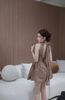 Váy sát nách cổ cao hở lưng đính nơ dáng ngắn xòe - NÂU - B1 (EO S<68, M<72)