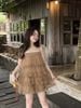  Váy hai dây xếp tầng voan form babydoll - NÂU - V194 