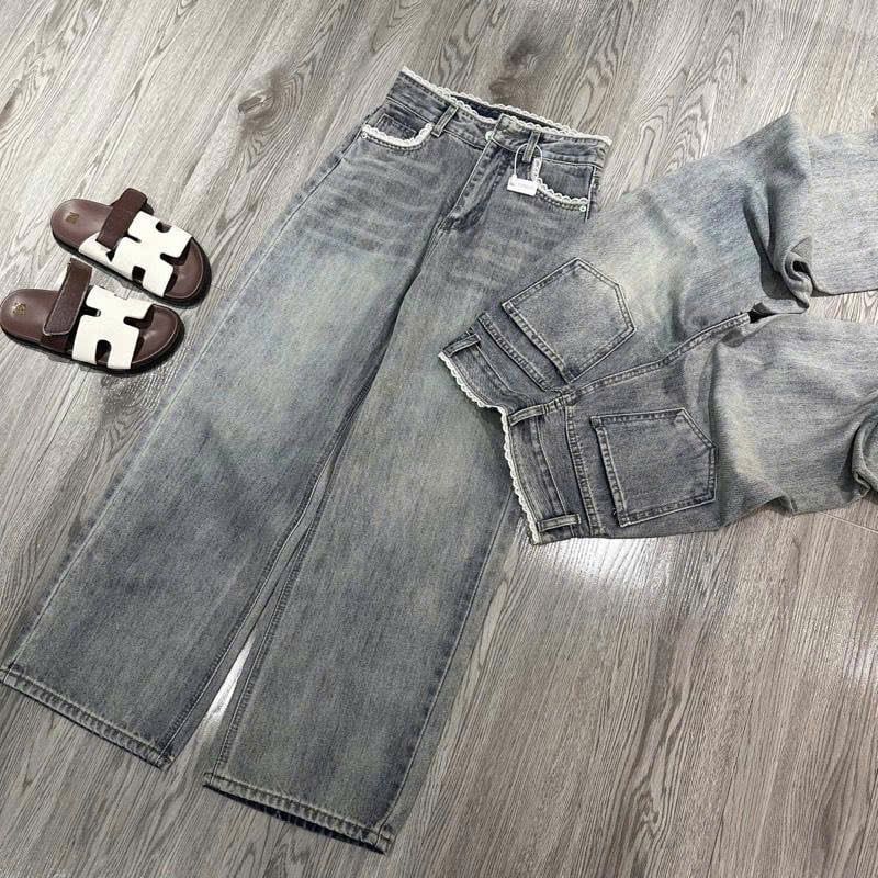  Quần jean ống suông BASIC phối ren - V219 (EO S<66, M<70, L<74) 