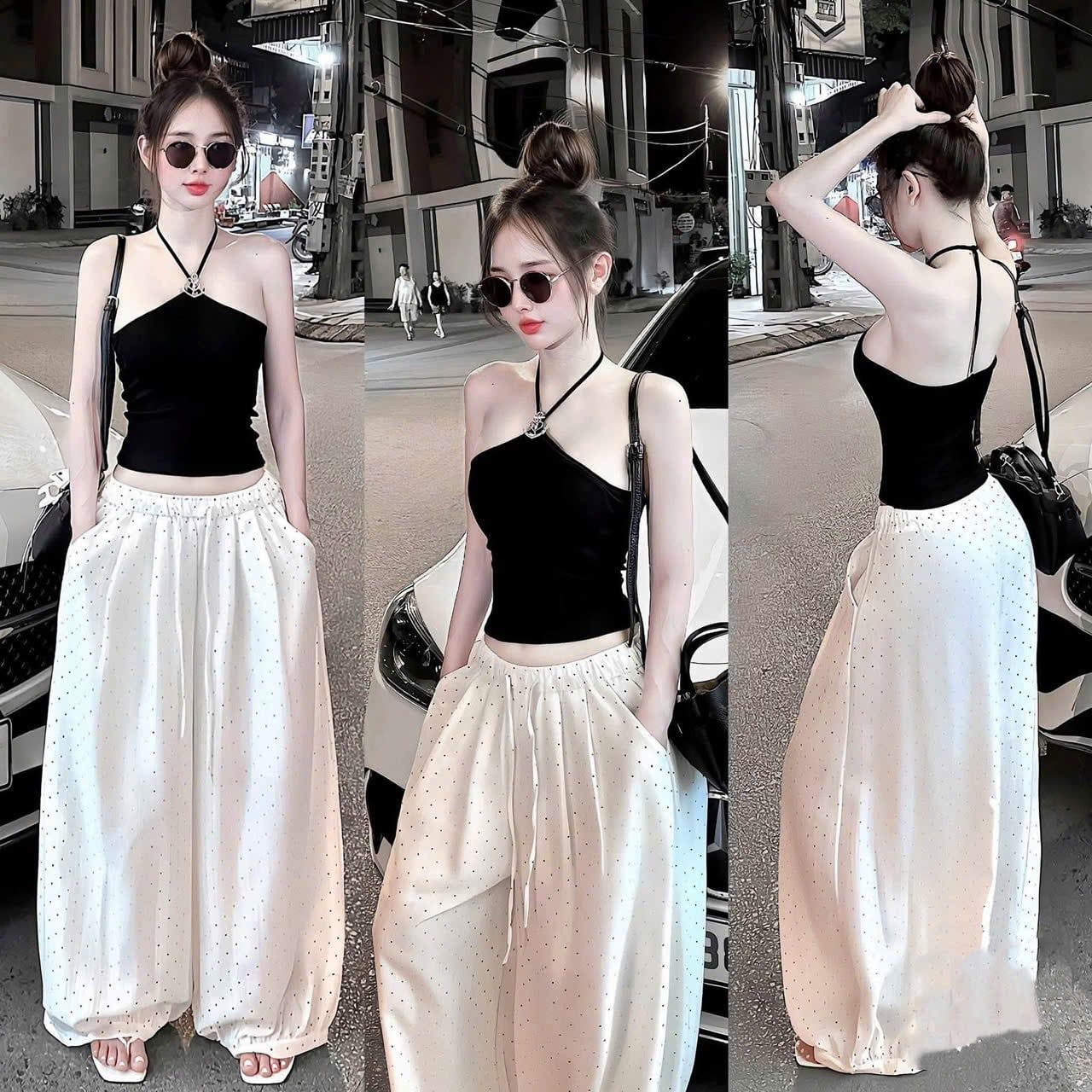  Set áo cổ yếm đính charm mix quần suông ống rộng chấm bi - L5 