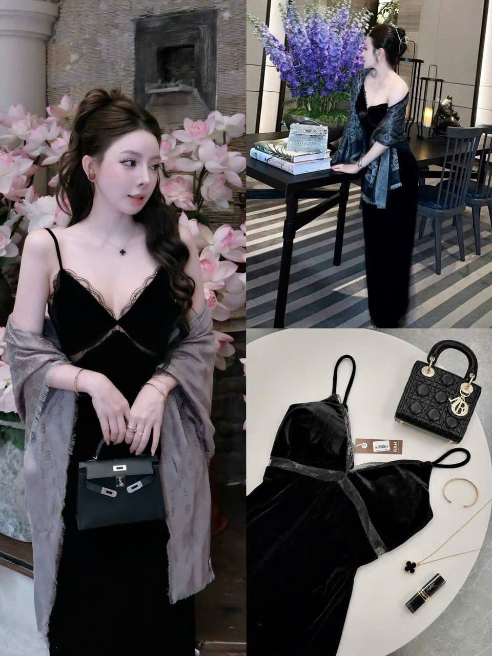  Váy cúp ngực phối ren dáng dài chất nhung - L6 (EO S<68, M<72) 