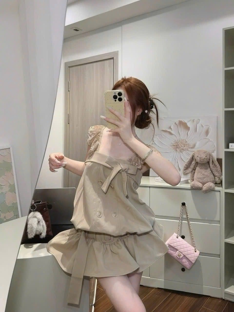  Váy kaki dáng thụng bí tay cánh tiên phối ren - K11 