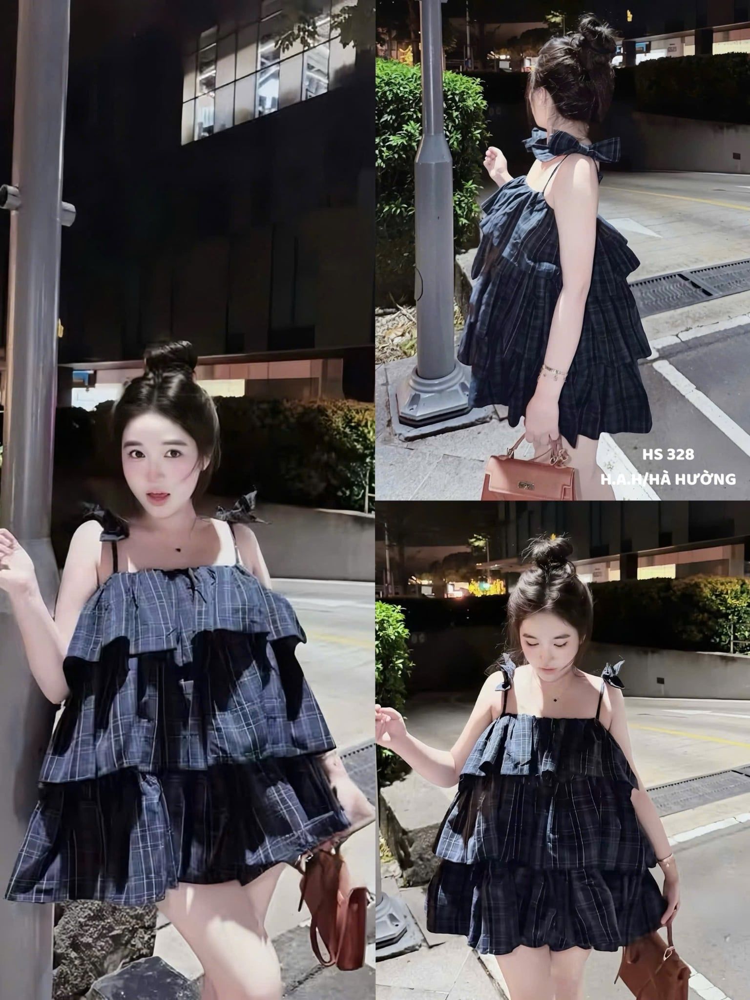  Váy hai dây đính nơ 3 tầng màu caro - K26 