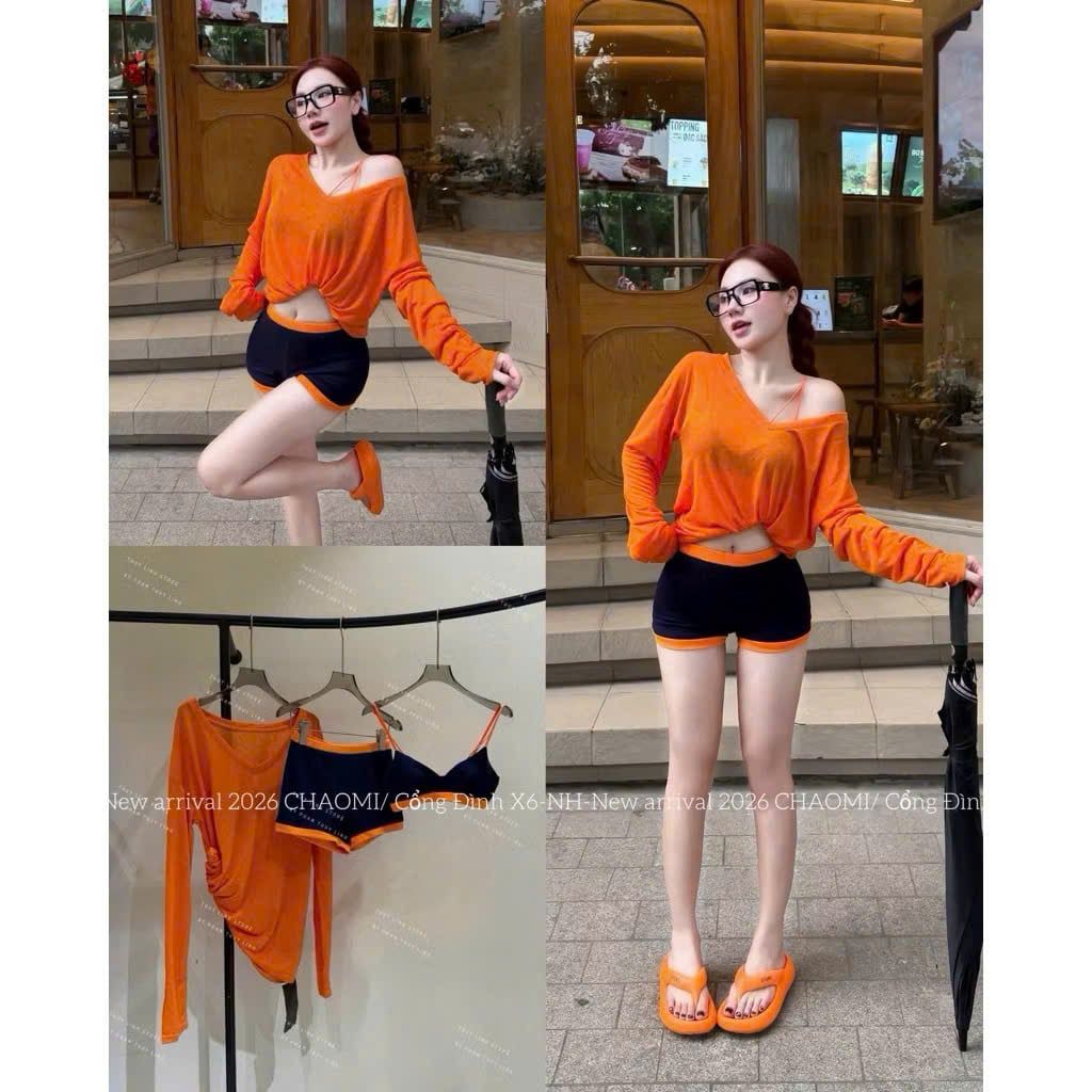  Set 3 món áo bra kèm áo tay dài form rộng mix quần ngắn - CAM - K175 
