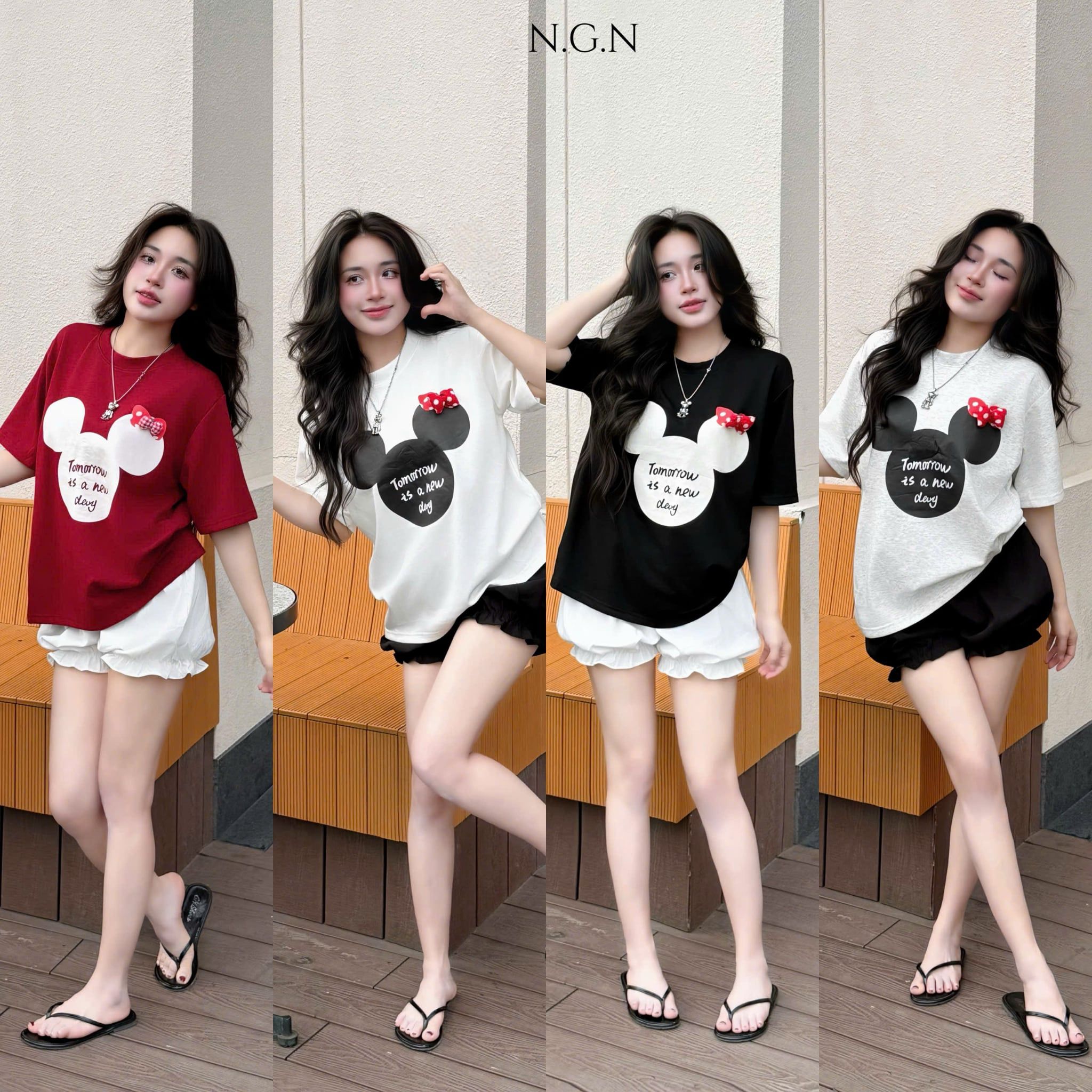  Set 2 món áo thun in hình mickey mix quần bom bí phối bèo - TRẮNG - K203 