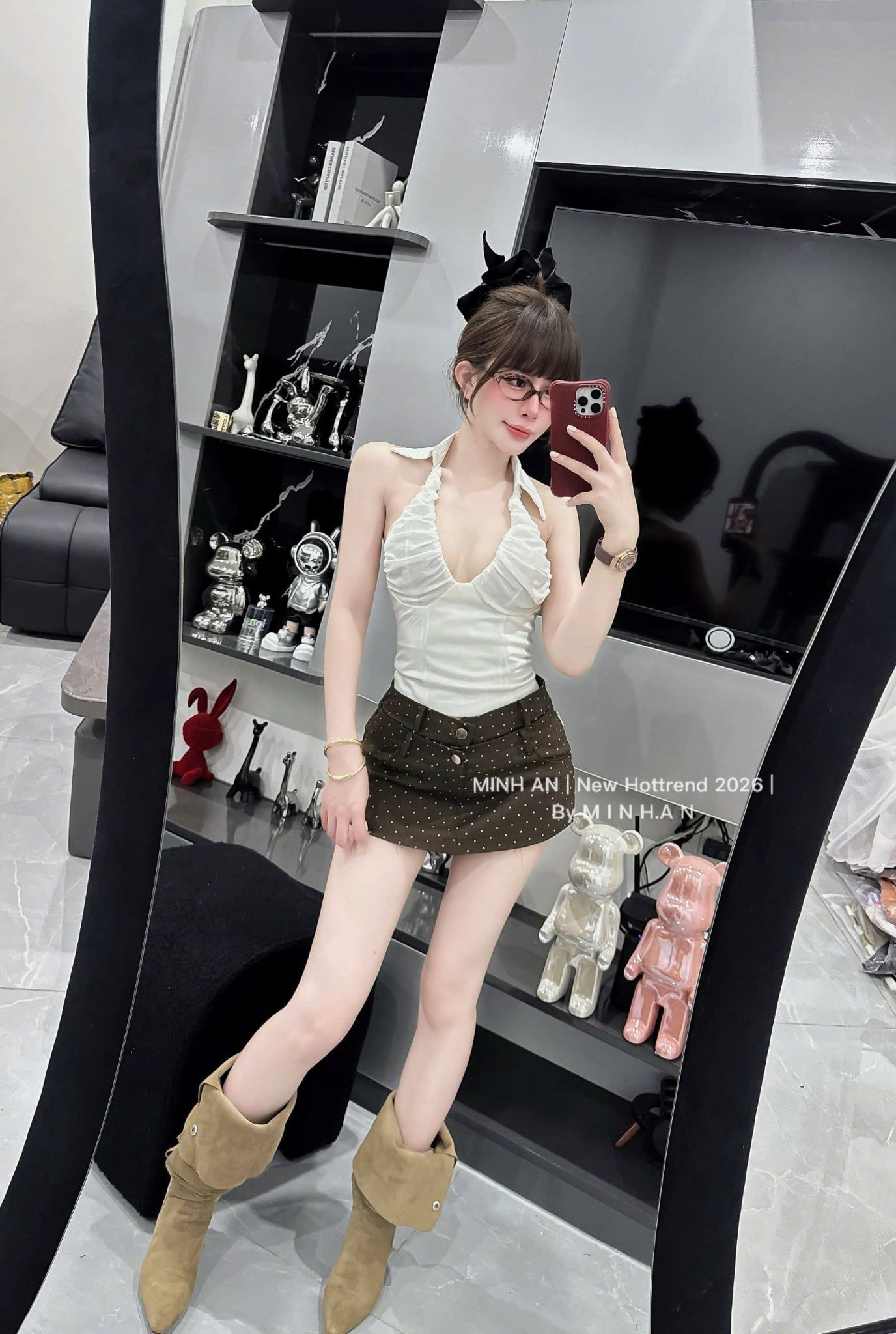  Set 2 món áo yếm cổ sơ mi mix chân váy chấm bi dáng ngắn - TRẮNG - H39 (EO S<68, M<72) 