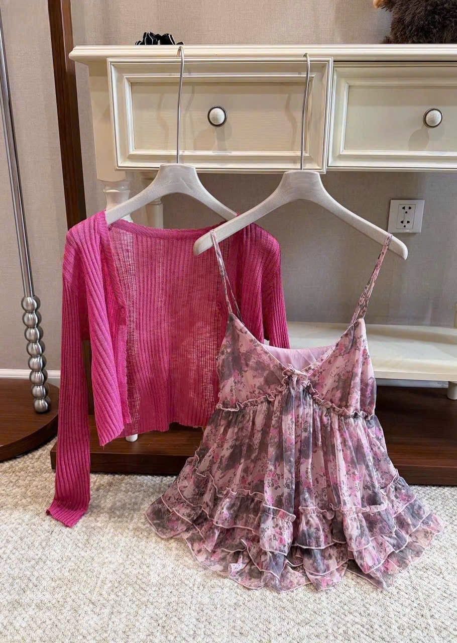  Set 2 món váy hai dây babydoll xòe mix áo khoác mỏng - HỒNG - H61 