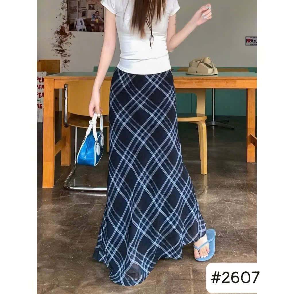  Chân váy suông dài hàng đúp 2 lớp họa tiết hàng qc - CARO XANH - H65 (EO M<66, L<70) 