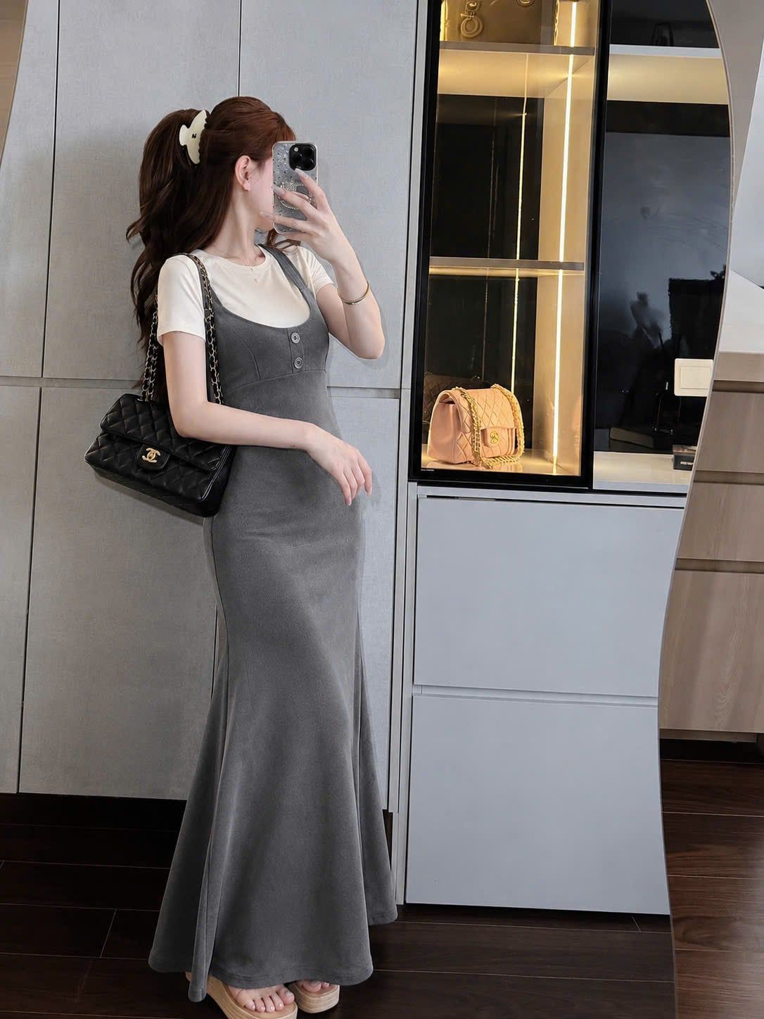  Set 2 món áo thun cộc tay mix váy hai dây dáng dài siêu đẹp - XÁM - H71 (EO S<68, M<72, L<76) 