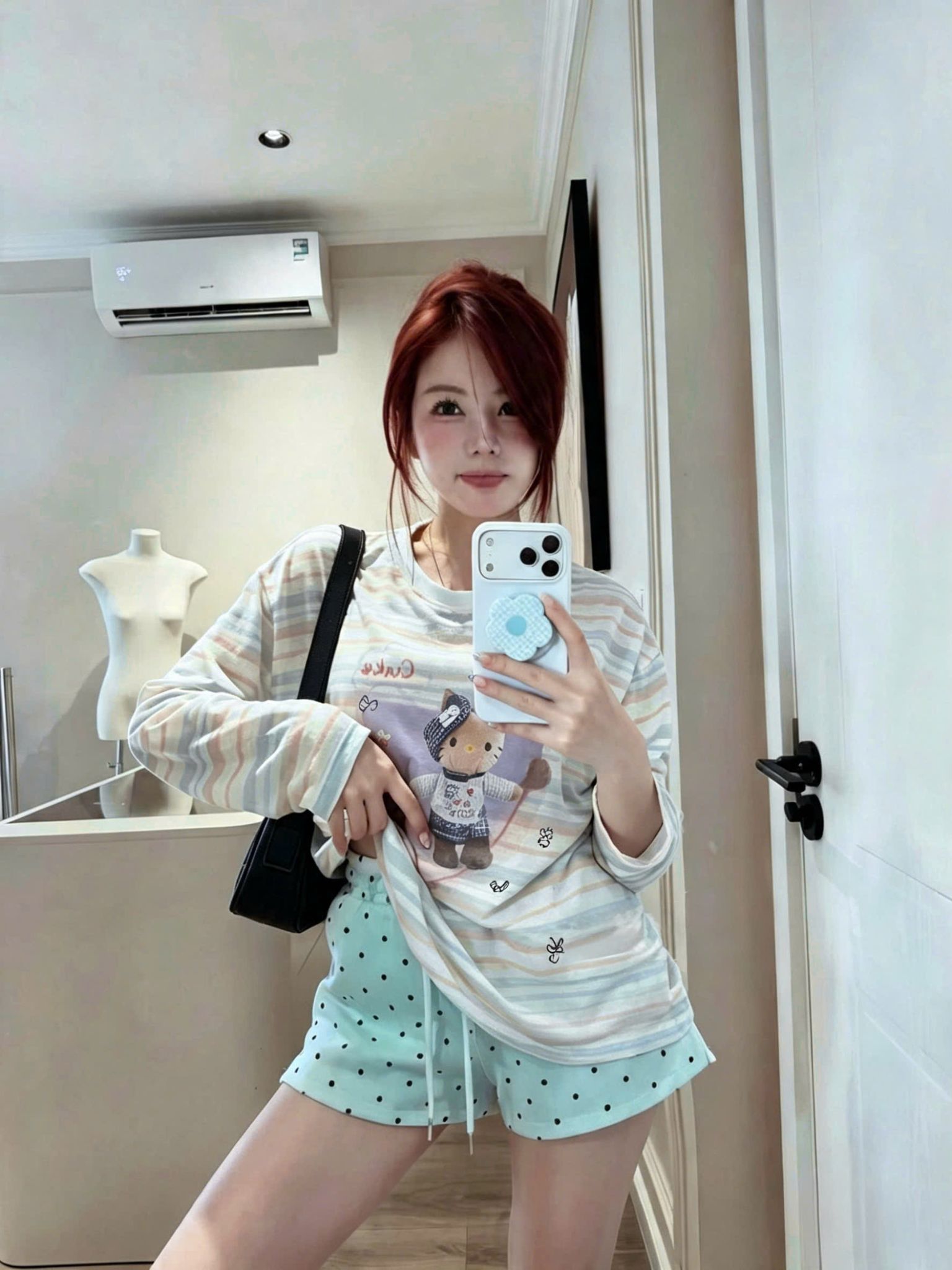  Set 2 món áo thun tay dài in hình mix quần short ngắn chấm bi - XANH - K3 