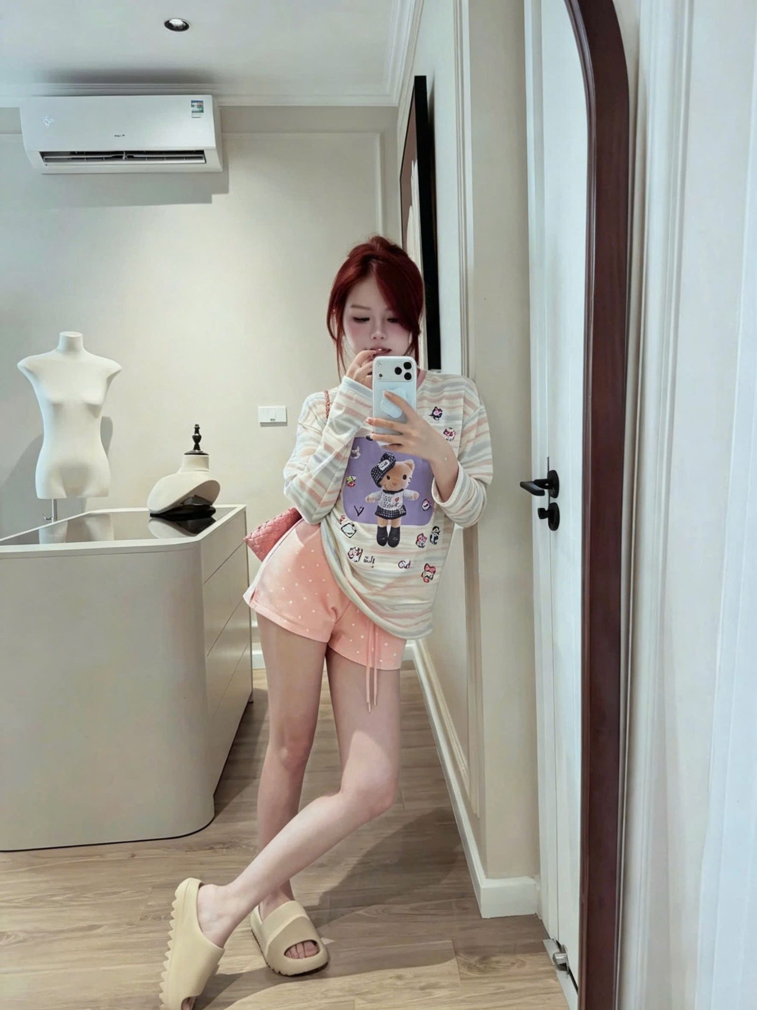  Set 2 món áo thun tay dài in hình mix quần short ngắn chấm bi - HỒNG - K4 