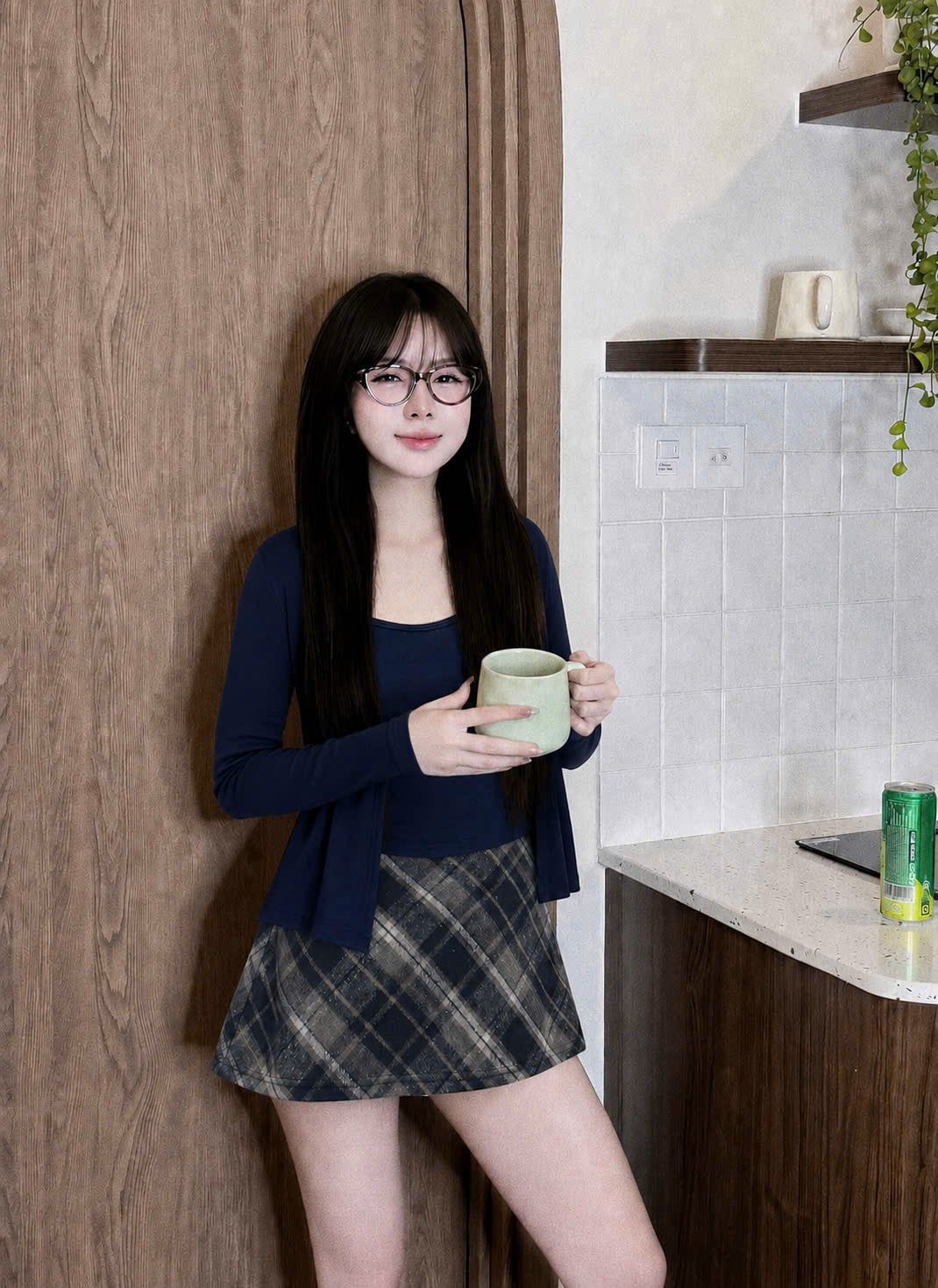  Set 3 món áo hai dây kèm khoác mỏng mix chân váy ngắn caro - XANH - V13 (EO S<68, M<72, L<76) 