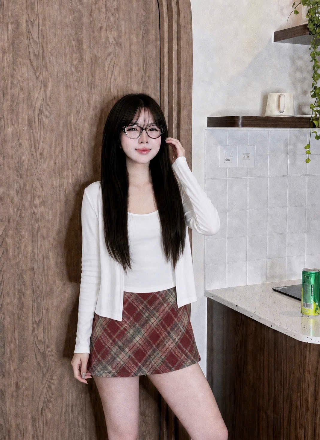  Set 3 món áo hai dây kèm khoác mỏng mix chân váy ngắn caro - TRẮNG - V14 (EO S<68, M<72, L<76) 