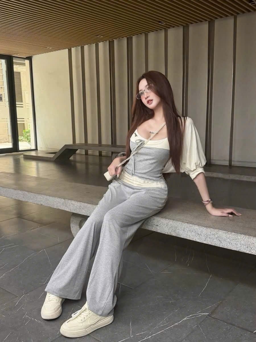  Set 3 món áo hai dây kèm khoác ngắn tay lỡ mix quần ống suông lưng chun - V91 