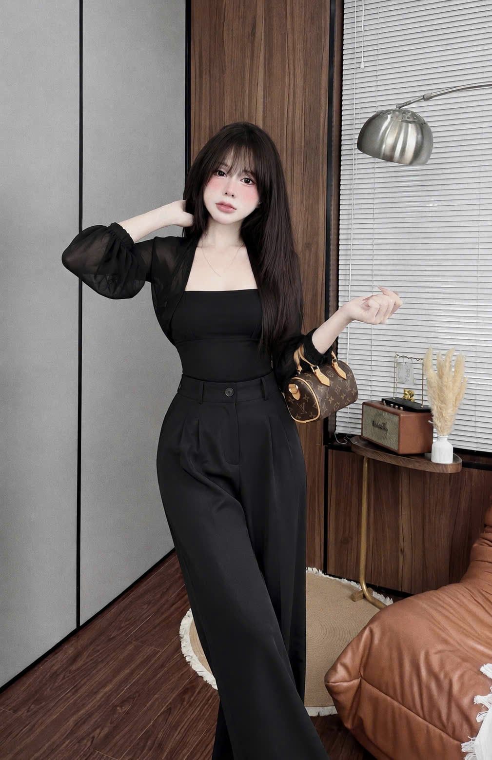  Áo tay dài bồng cổ vuông fix dáng - ĐEN - V94 (EO S<68, M<72, L<76) 