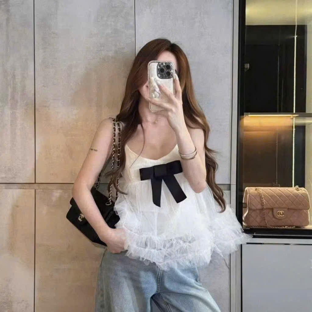  Áo hai dây dáng xòe voan lưới đính nơ - V97 