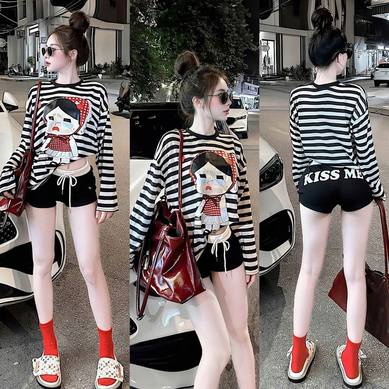  Set 2 món áo tay dài kẻ in hình mix quần short lưng chun Kiss Me - ĐEN - V101 