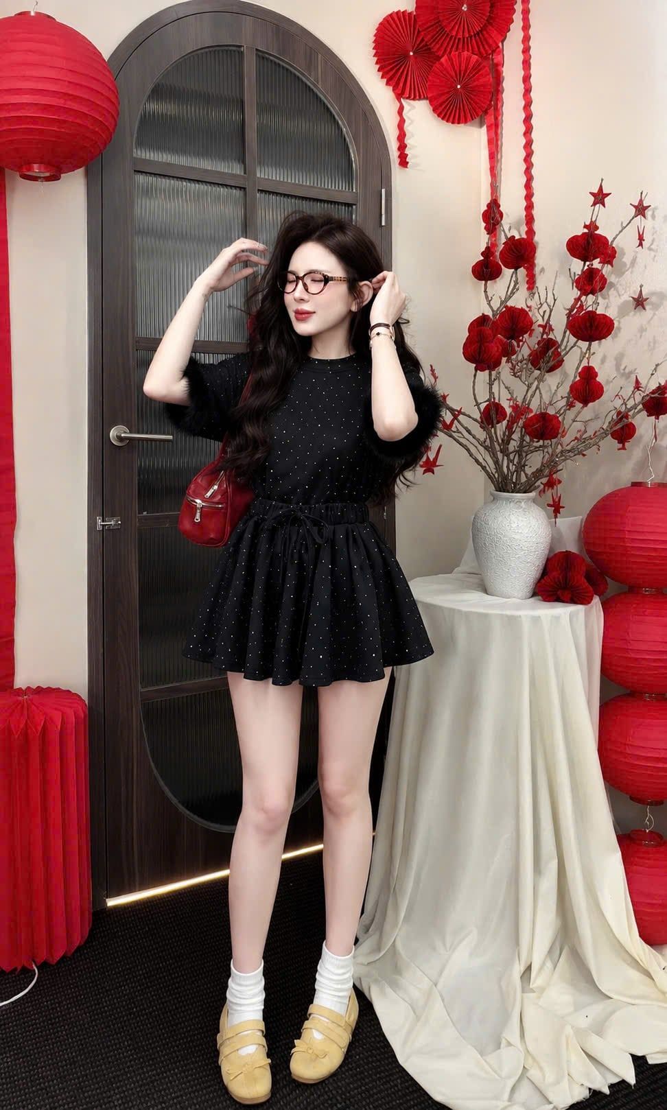  Set 2 món áo tay lỡ phối lông mix chân váy xòe đính đá - ĐEN - V108 