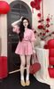 Set 2 món áo tay lỡ phối lông mix chân váy xòe đính đá - HỒNG - V109