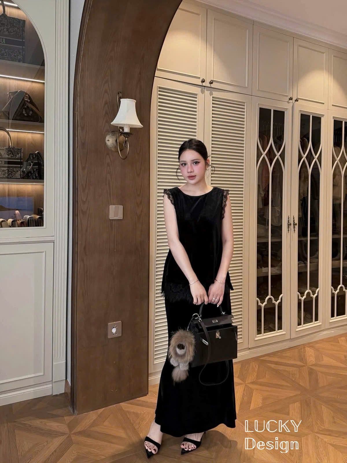  Set nhung 2 món áo sát nách phối ren mix chân váy suông dài - V207 