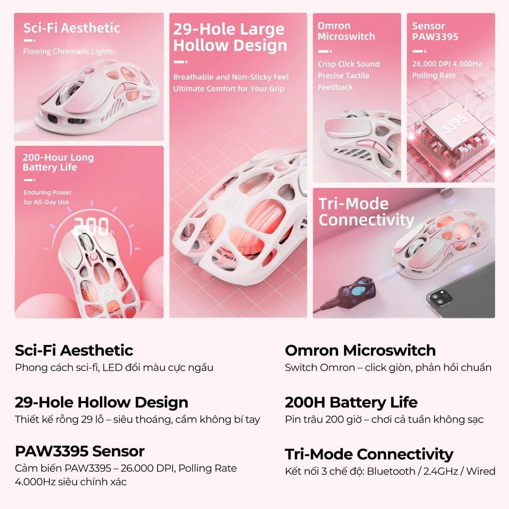 Chuột Gaming không dây Gravastar Mercury M1 Pro - Sakura Pink