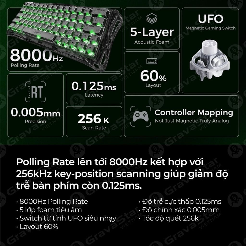 Bàn phím cơ Magnetic HE Gaming Gravastar Mercury V60 - Onyx Crystal