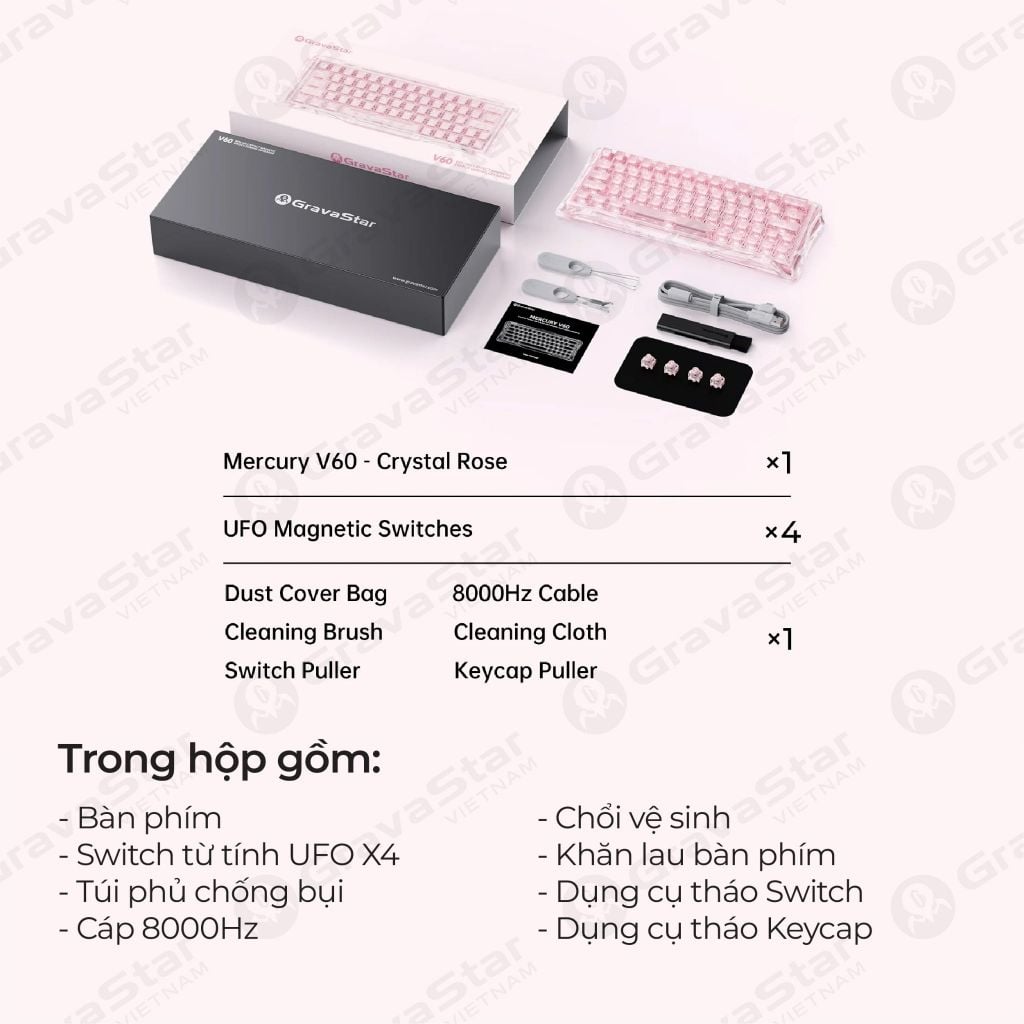 Bàn phím cơ Magnetic HE Gaming Gravastar Mercury V60 - Crystal Rose