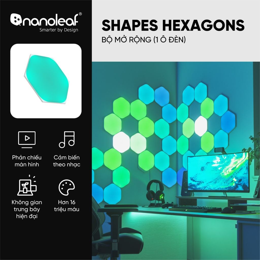 Đèn LED RGB lắp ghép thông minh Nanoleaf Shapes Lục Giác 1 ô đèn (Bộ mở rộng)