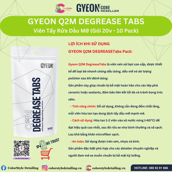  GYEON Q2M Degrease Tabs Viên Tẩy Rửa Dầu Mỡ (Gói 20v) 