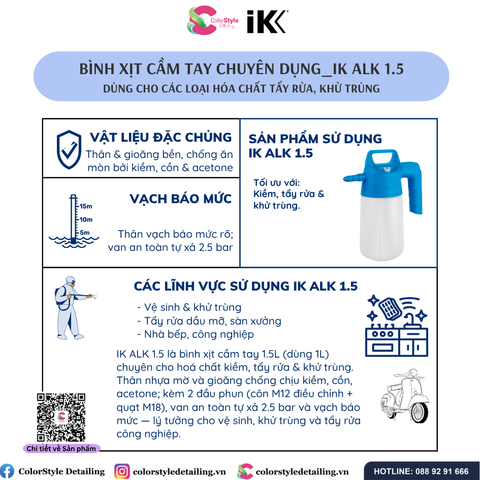  BÌNH XỊT NÉN KHÍ CẦM TAY 1.5 LÍT CHO TẨY RỬA VÀ KHỬ TRÙNG, IK ALK 1.5 