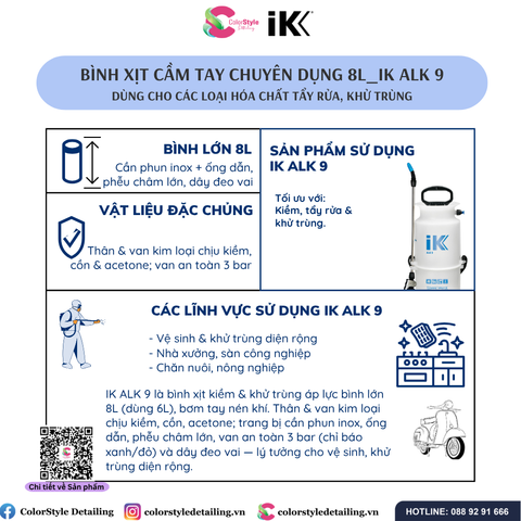  BÌNH XỊT BƠM TAY NÉN KHÍ 8 LÍT CHO TẨY RỬA VÀ KHỬ TRÙNG, IK ALK 9 