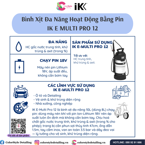  BÌNH XỊT HÓA CHẤT CHẠY PIN, IK E MULTI PRO 12 (10 Lít), CHÍNH HÃNG 