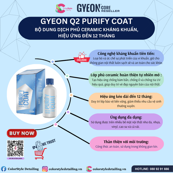  GYEON Q2 Purify Coat Bộ Phủ Ceramic Kháng Khuẩn Nội Thất Hiệu Ứng 12Th 