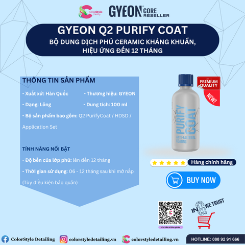  GYEON Q2 Purify Coat Bộ Phủ Ceramic Kháng Khuẩn Nội Thất Hiệu Ứng 12Th 