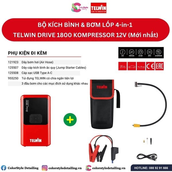  Bộ kích bình bơm lốp 4-in-1 TELWIN DRIVE 1800 KOMPRESSOR 12V(Mới nhất) 
