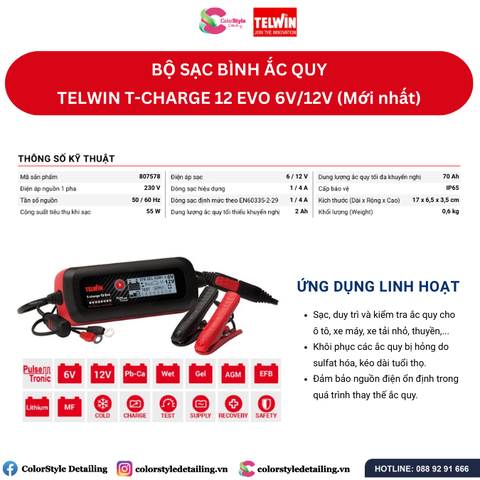  Bộ sạc bình ắc quy TELWIN T-CHARGE 12 EVO 6V/12V (Mới nhất) 