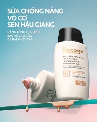 Sữa Chống Nắng Vô Cơ Sen Hậu Giang Cocoon Hau Giang Lotus Mineral Sun Fluid SPF 50+ PA++++ Tone Up Beige 50ml