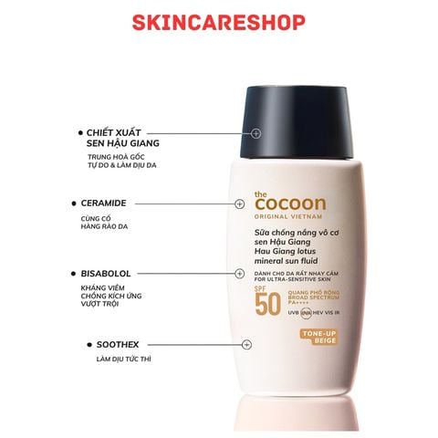 Sữa Chống Nắng Vô Cơ Sen Hậu Giang Cocoon Hau Giang Lotus Mineral Sun Fluid SPF 50+ PA++++ Tone Up Beige 50ml