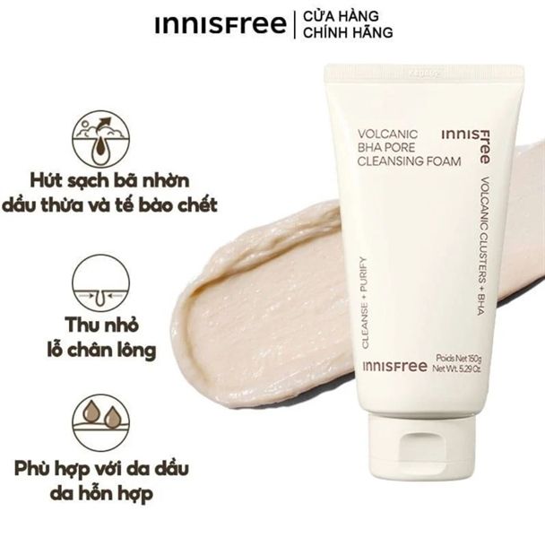 Sữa Rửa Mặt innisfree Volcanic Pore BHA Cleansing Foam Kiểm Soát Nhờn Tro Núi Lửa & BHA 150g