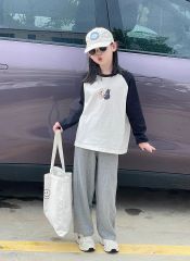 Set Áo Cotton Dài Tay Hình Cún Hai Mặt Phối Quần Nỉ Dài Màu Ghi