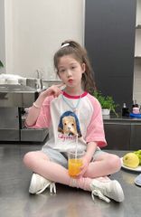 Set Áo Cotton Hình Cún Đáng Yêu Form Rộng Mix Quần Jean Giặt Mài Form Lỡ