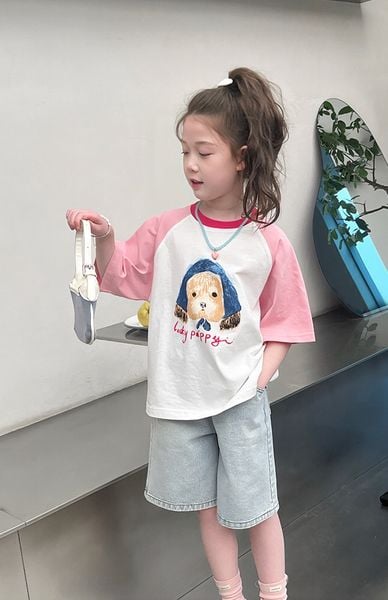 Set Áo Cotton Hình Cún Đáng Yêu Form Rộng Mix Quần Jean Giặt Mài Form Lỡ